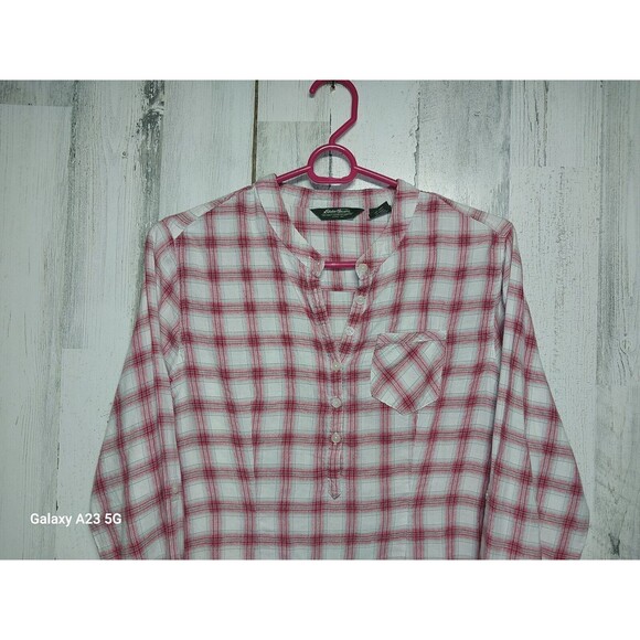 Eddie Bauer Women's Medium Collarless Red Plaid Shirt - Picture 3 of 5